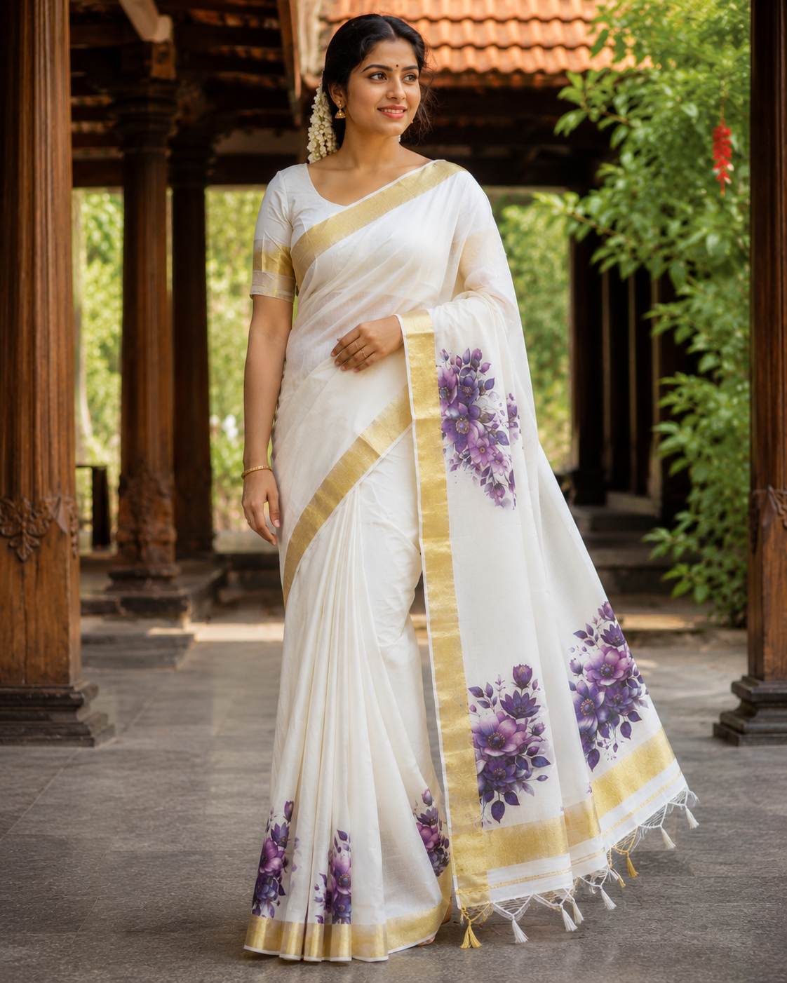 Pure Cotton Kerala Kasavu Saree with Floral Prints