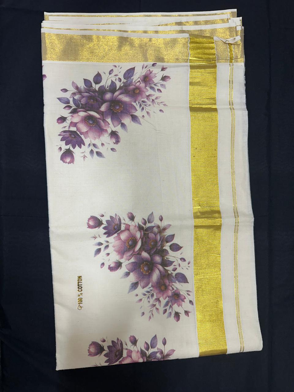 Pure Cotton Kerala Kasavu Saree with Floral Prints