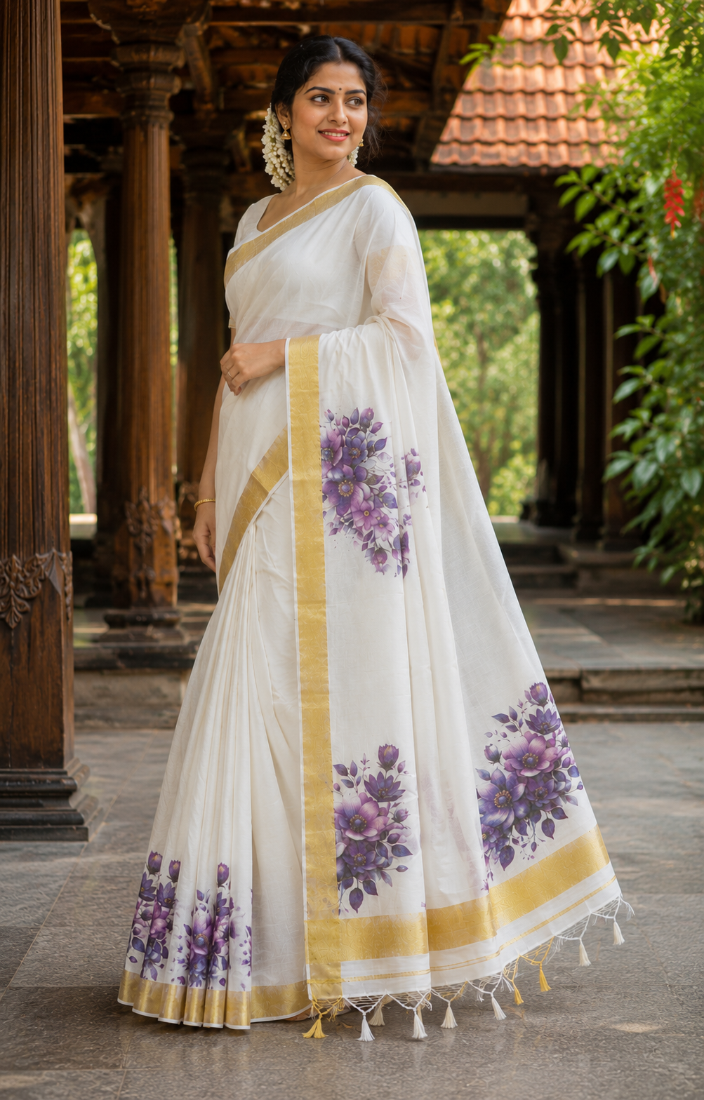 Pure Cotton Kerala Kasavu Saree with Floral Prints
