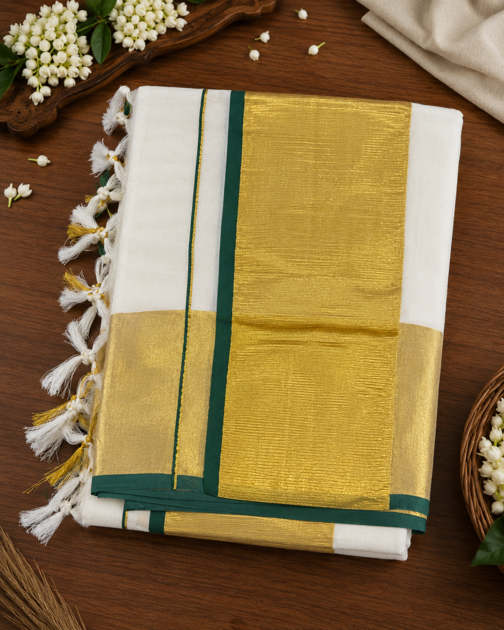 Pure Cotton Kerala Kasavu Saree with Green Border