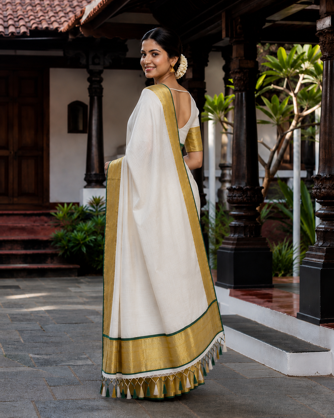 Pure Cotton Kerala Kasavu Saree with Green Border