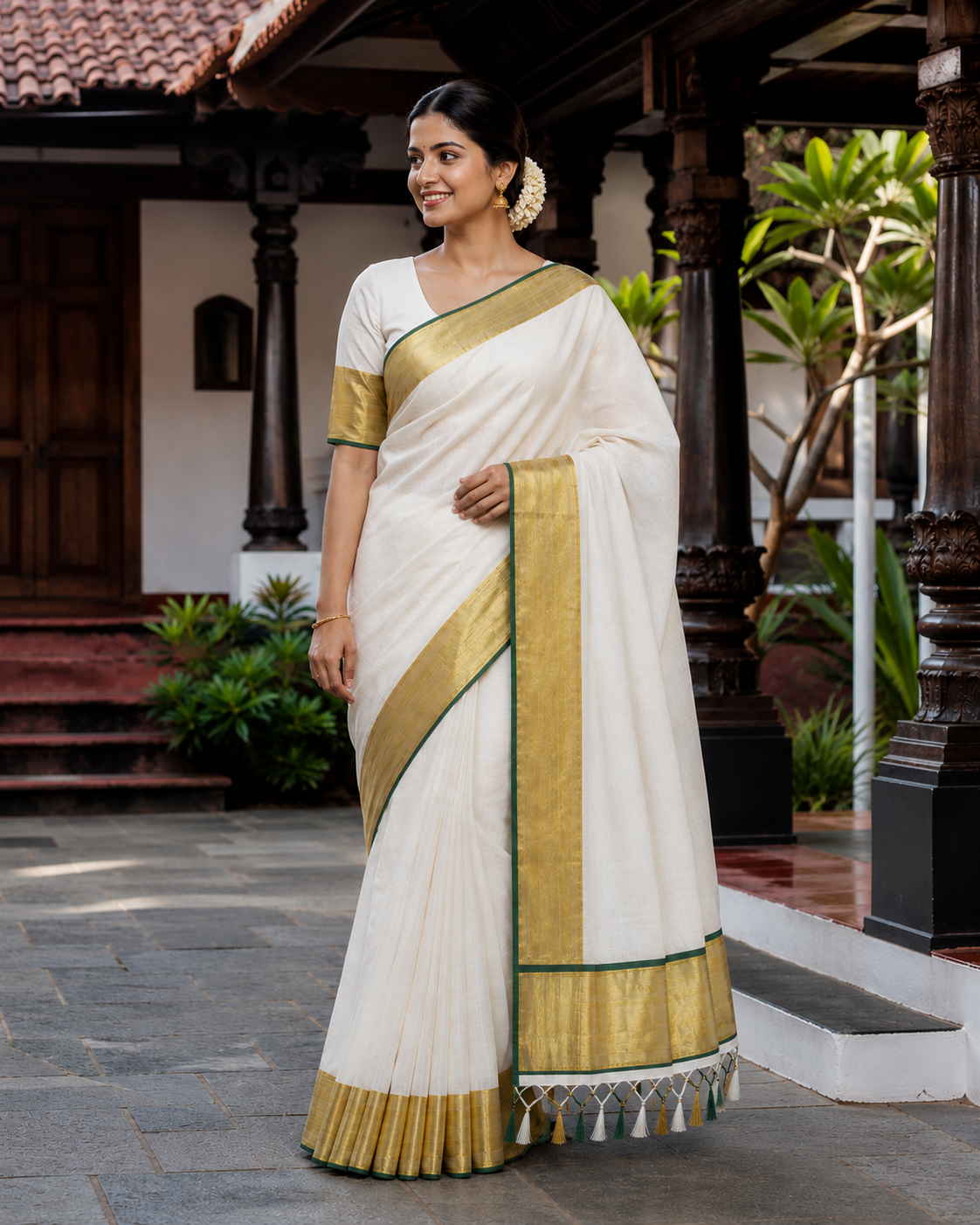 Pure Cotton Kerala Kasavu Saree with Green Border