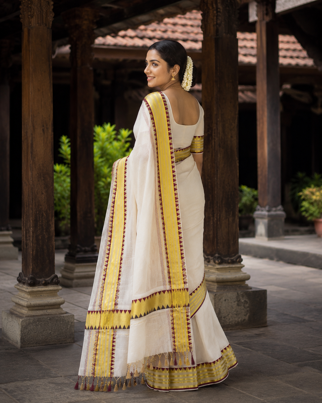 Pure Cotton Kerala Kasavu Saree with Temple Design Border