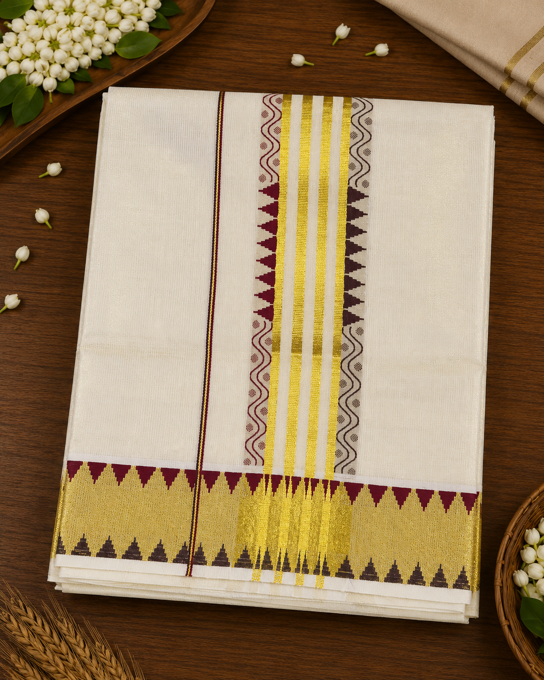 Pure Cotton Kerala Kasavu Saree with Temple Design Border