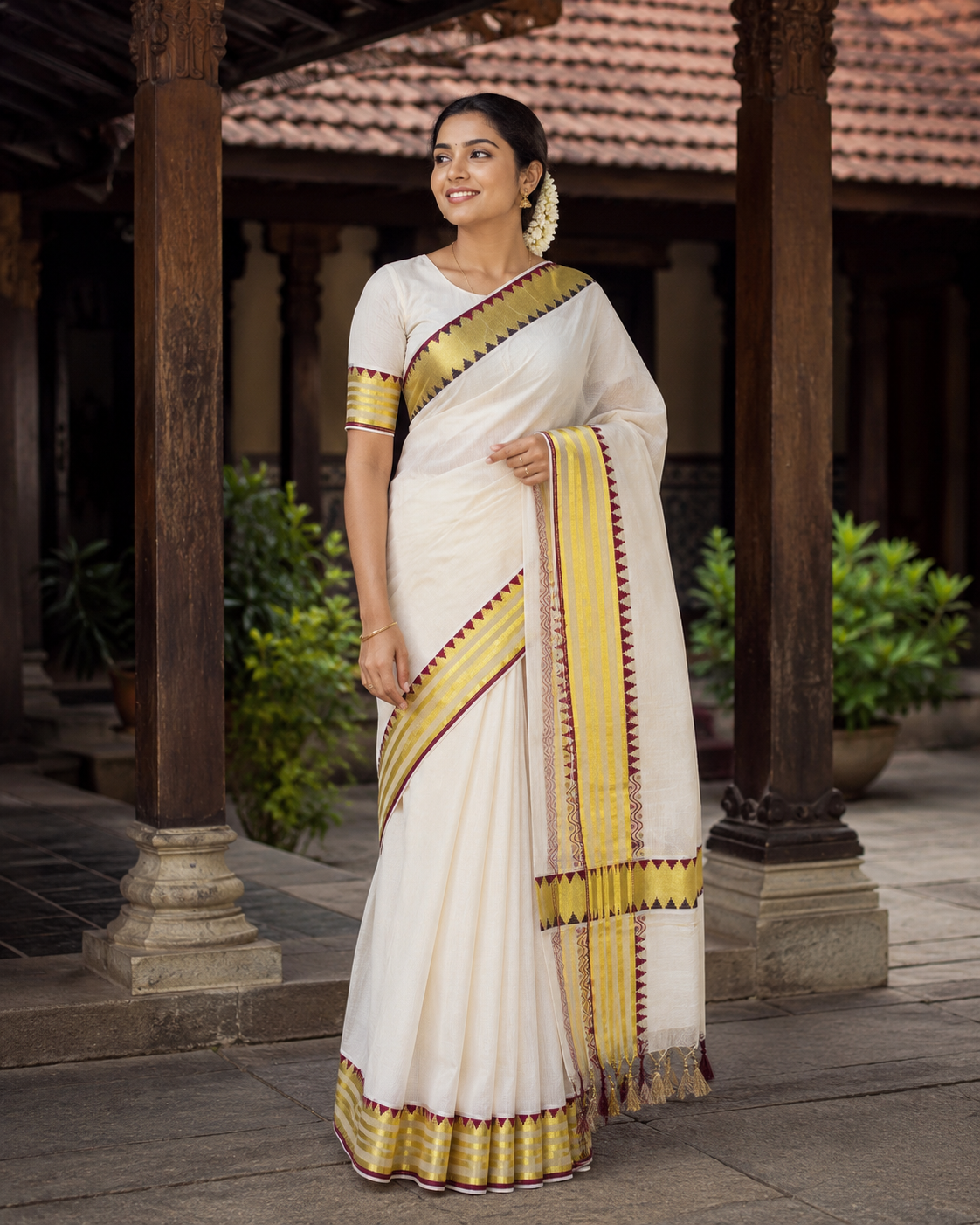 Pure Cotton Kerala Kasavu Saree with Temple Design Border