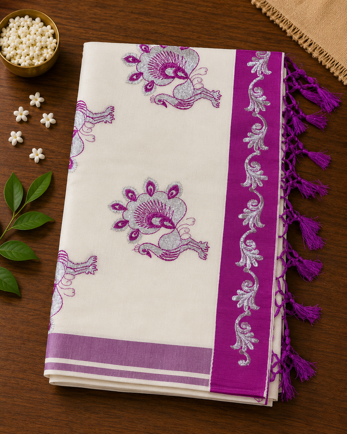 Pure Cotton Kerala Saree with Silver Colour Peacock Thread Work and Pink Border