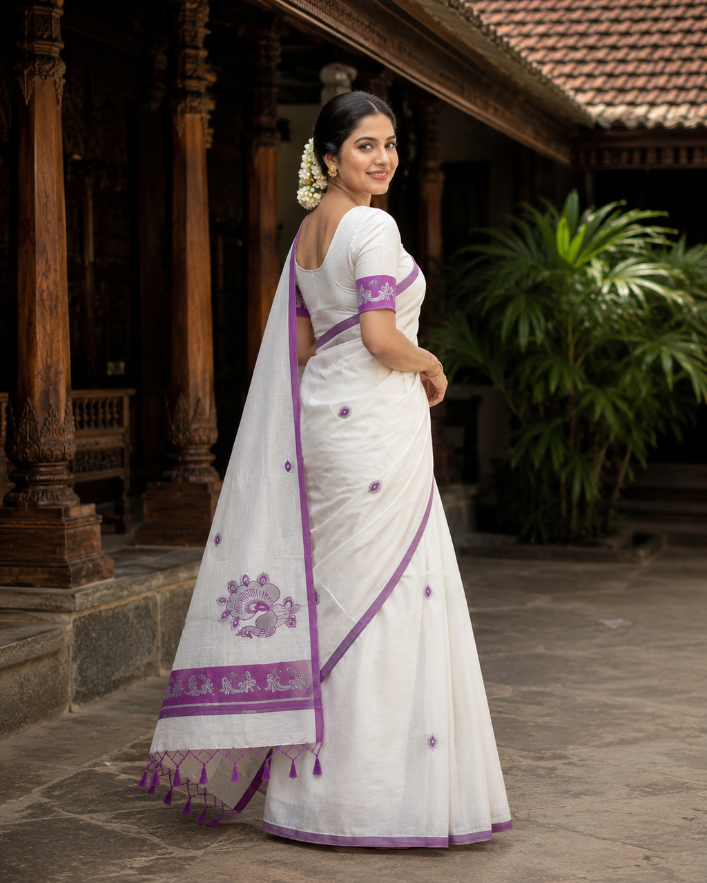 Pure Cotton Kerala Saree with Silver Colour Peacock Thread Work and Pink Border