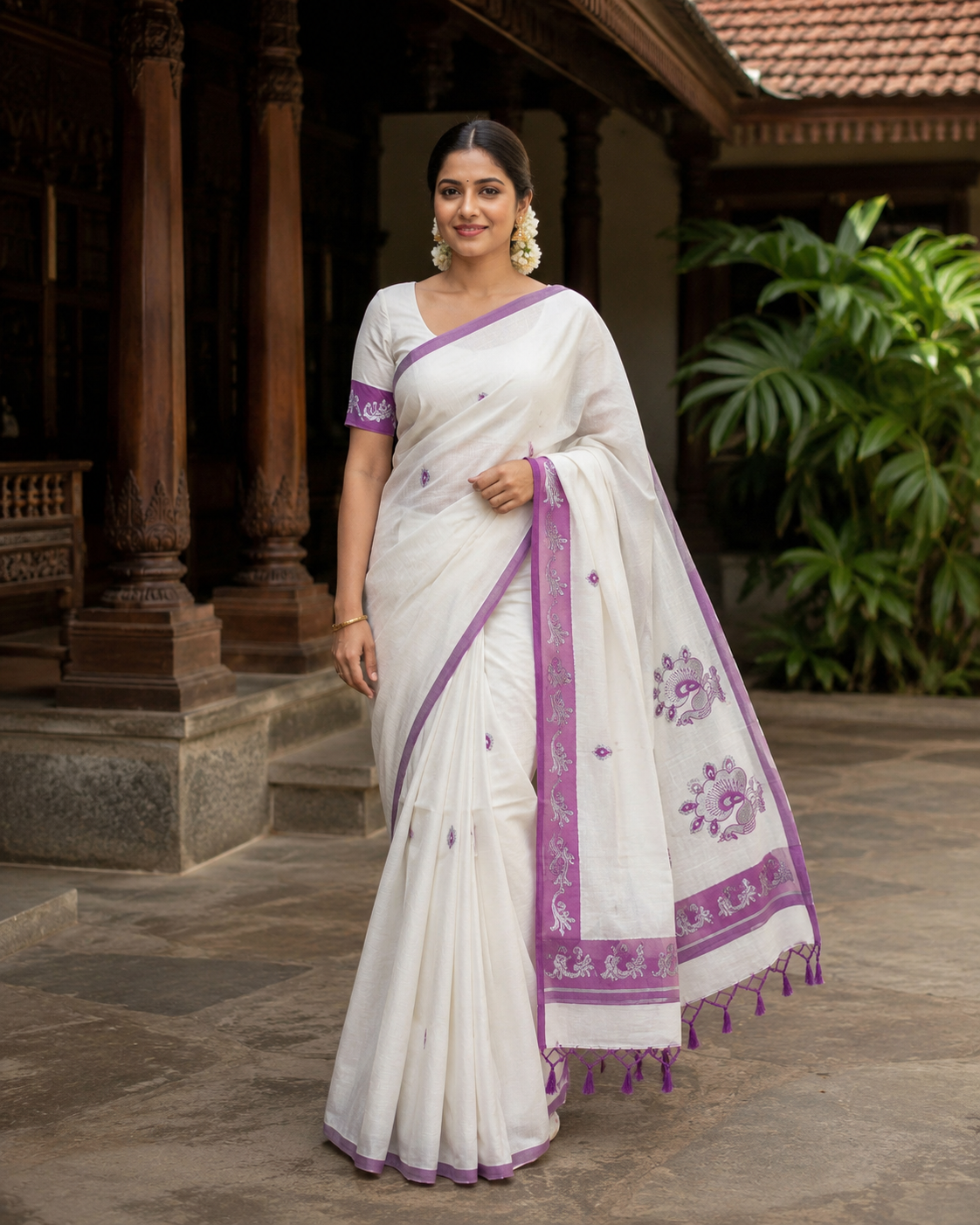 Pure Cotton Kerala Saree with Silver Colour Peacock Thread Work and Pink Border