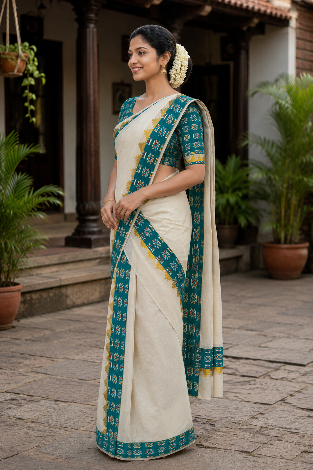 Pure Cotton Single Set Mundu (Mundu Neriyathum) with Ajrak Print Border