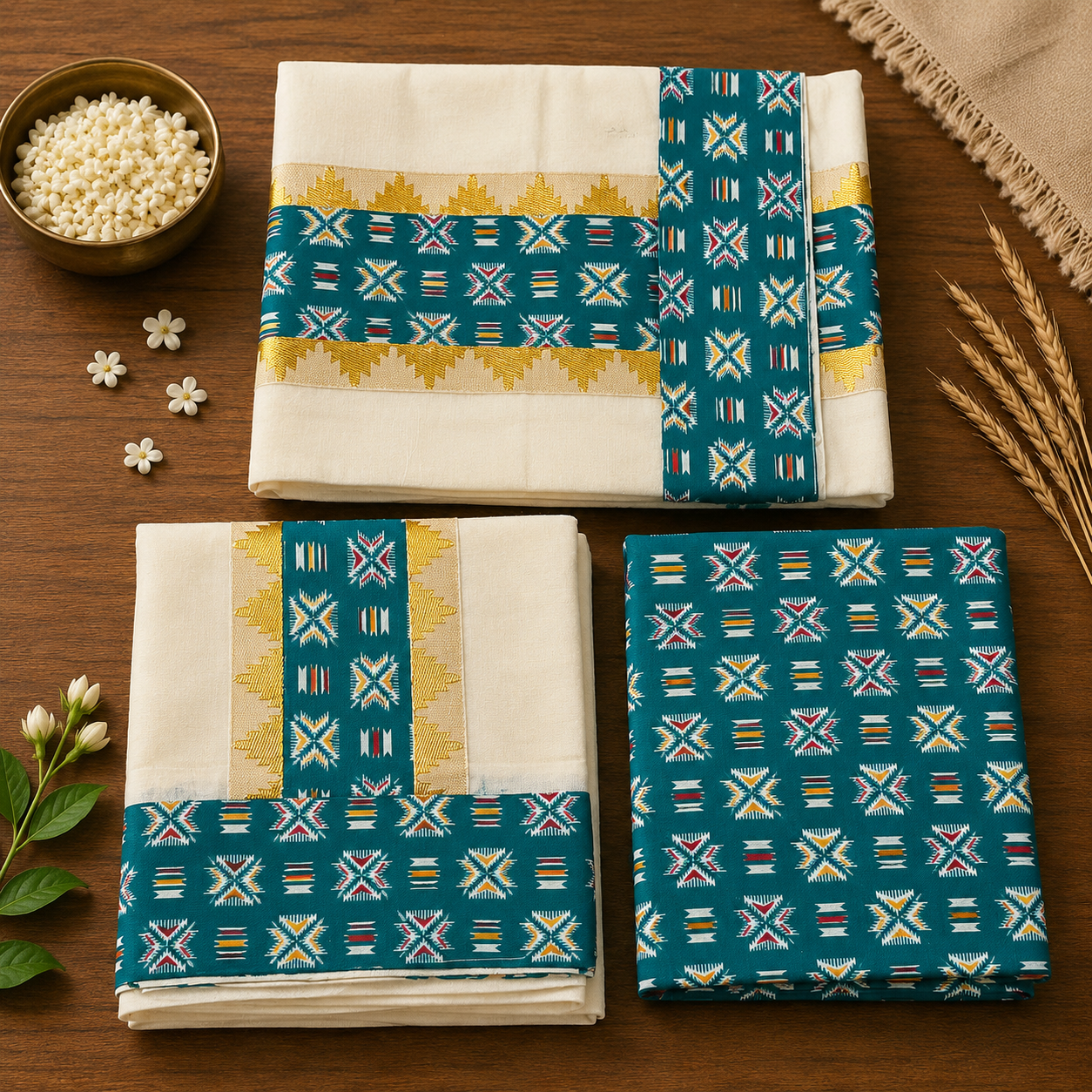 Pure Cotton Single Set Mundu (Mundu Neriyathum) with Ajrak Print Border