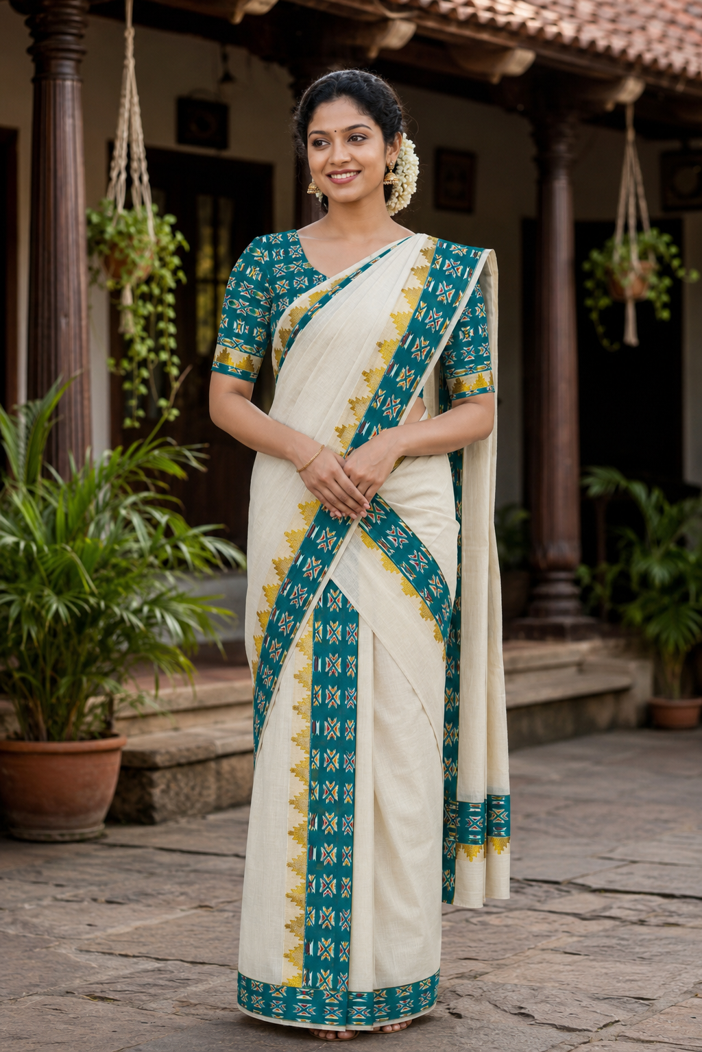 Pure Cotton Single Set Mundu (Mundu Neriyathum) with Ajrak Print Border
