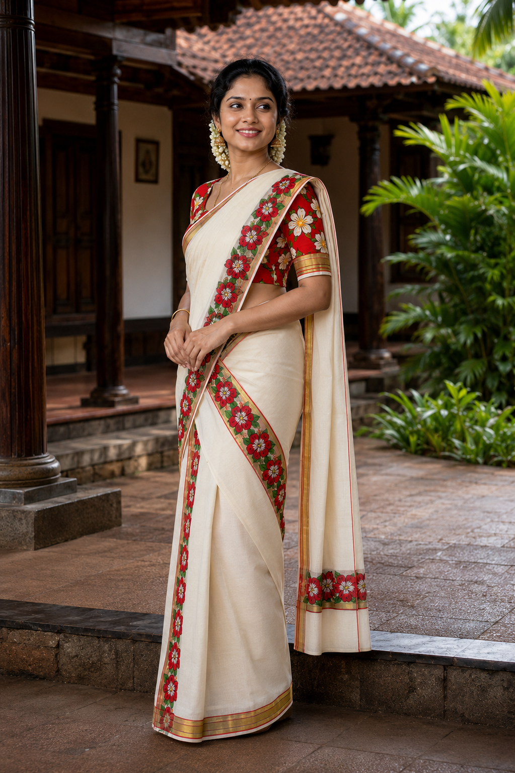 Pure Cotton Single Set Mundu (Mundu Neriyathum) with Floral Print Maroon