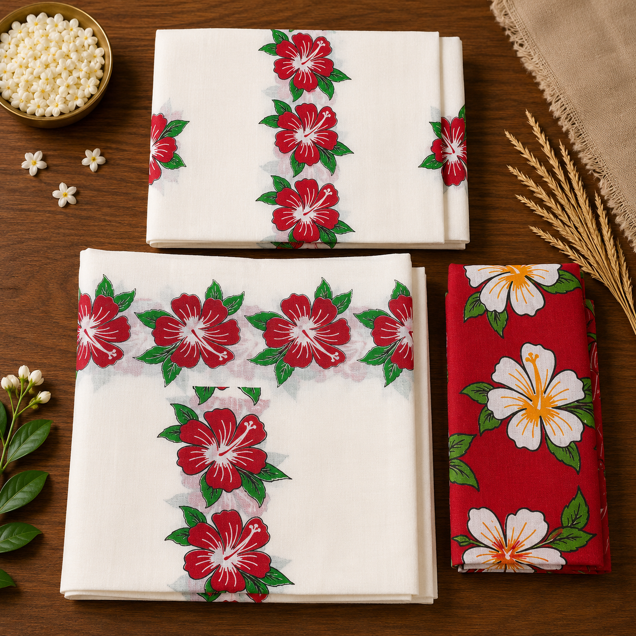 Pure Cotton Single Set Mundu (Mundu Neriyathum) with Floral Print Maroon