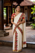 Pure Cotton Single Set Mundu (Mundu Neriyathum) with Floral Print Maroon