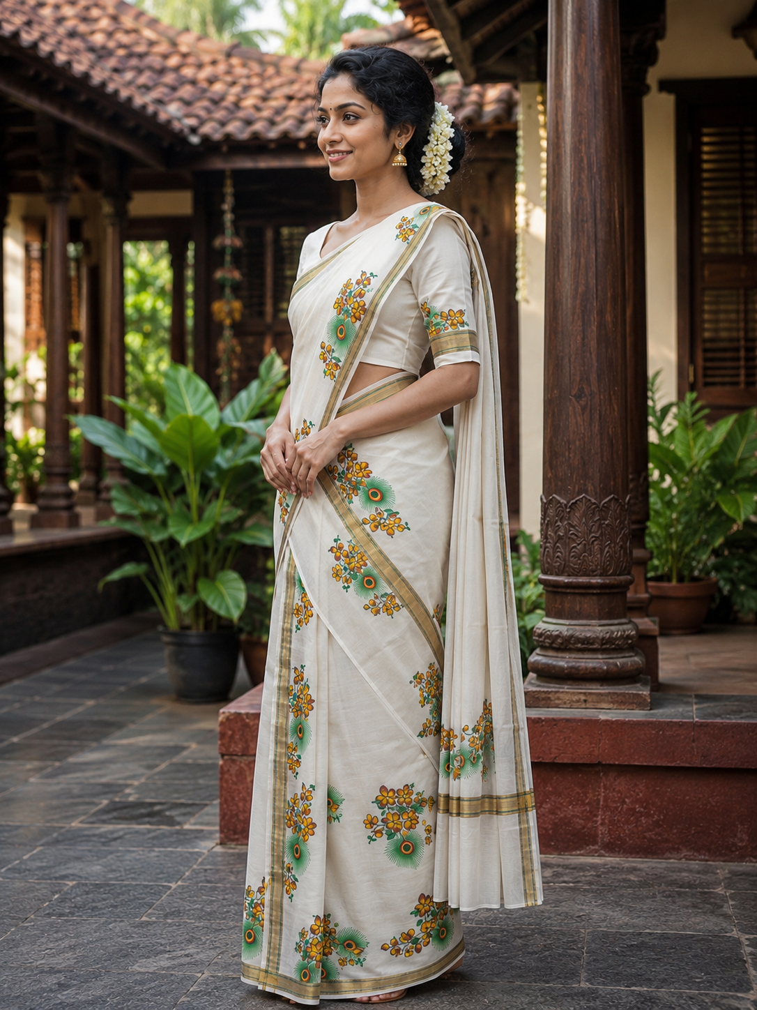 Pure Cotton Single Set Mundu (Mundu Neriyathum) with Floral Print