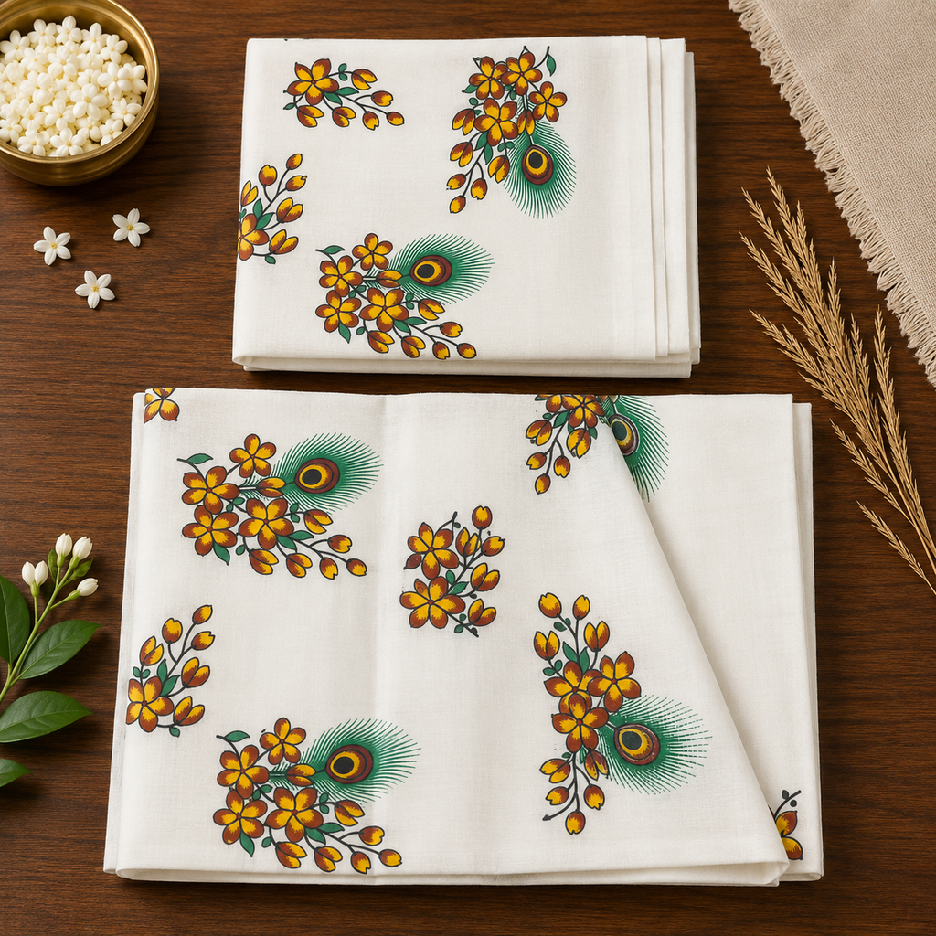 Pure Cotton Single Set Mundu (Mundu Neriyathum) with Floral Print