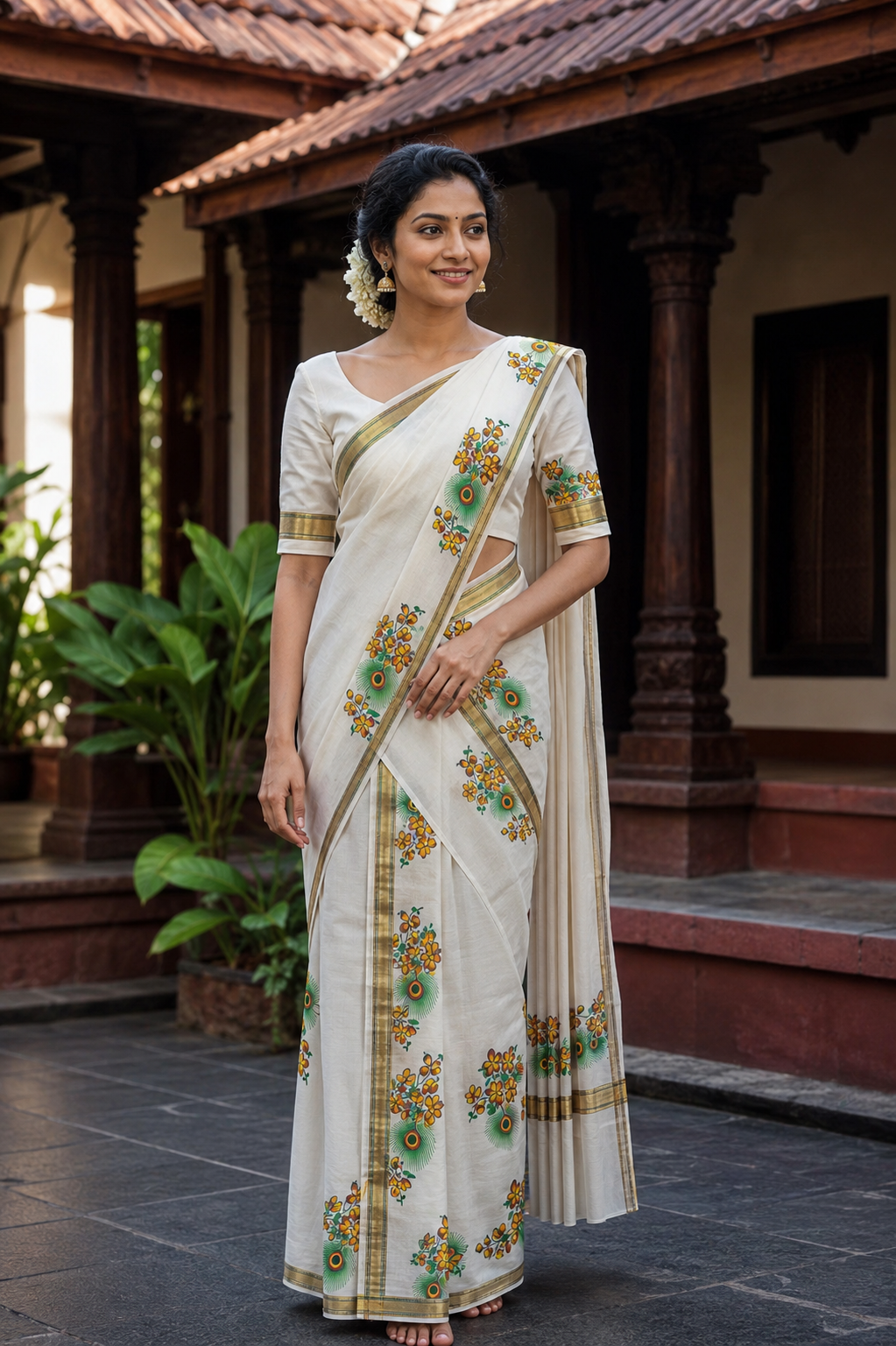 Pure Cotton Single Set Mundu (Mundu Neriyathum) with Floral Print