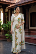 Pure Cotton Single Set Mundu (Mundu Neriyathum) with Floral Print