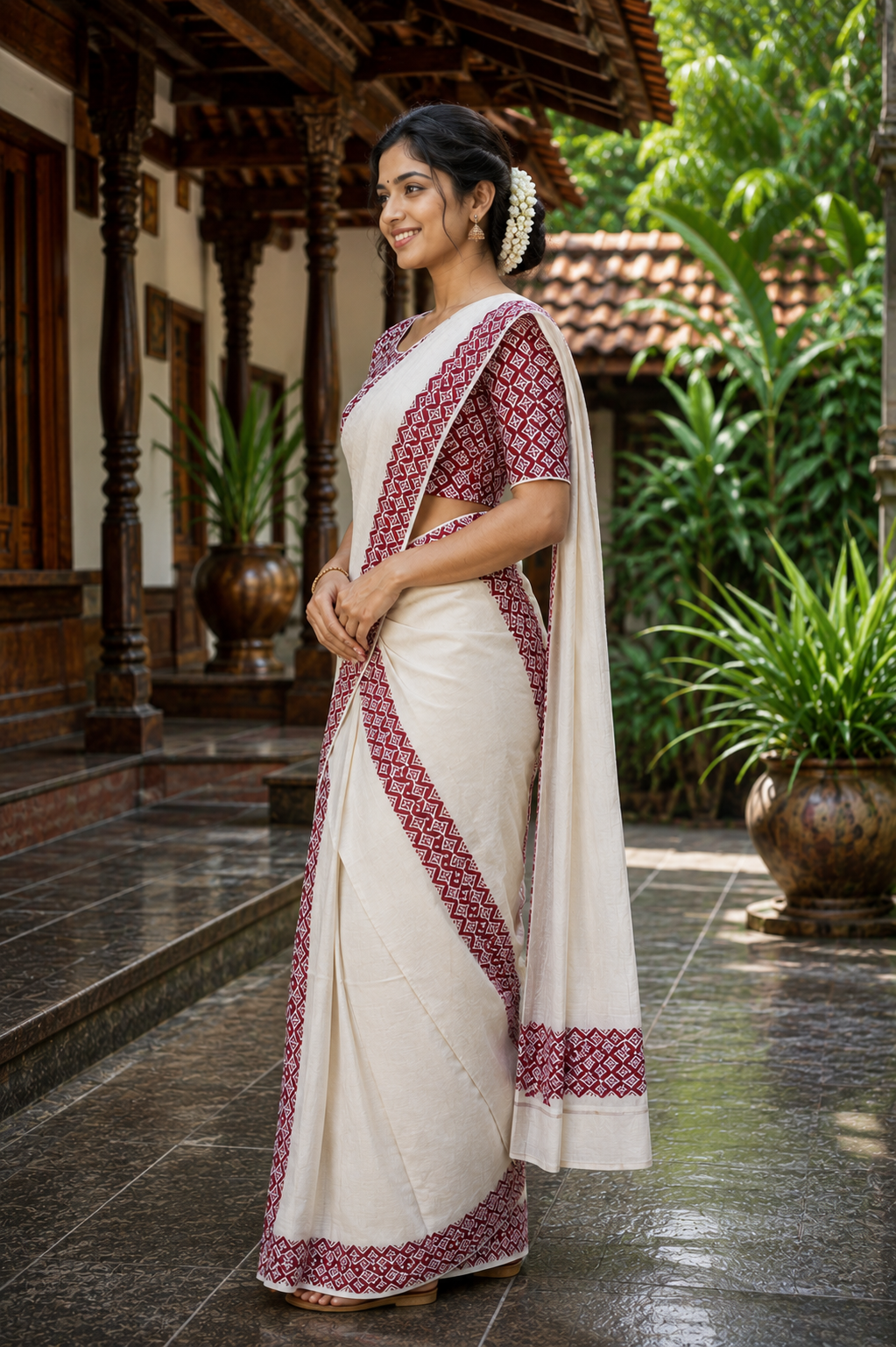 Pure Cotton Single Set Mundu (Mundu Neriyathum) with Maroon Print