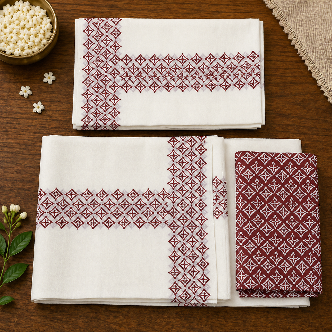 Pure Cotton Single Set Mundu (Mundu Neriyathum) with Maroon Print