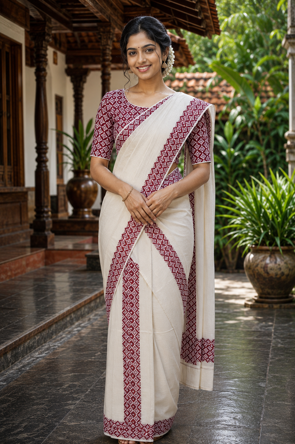 Pure Cotton Single Set Mundu (Mundu Neriyathum) with Maroon Print
