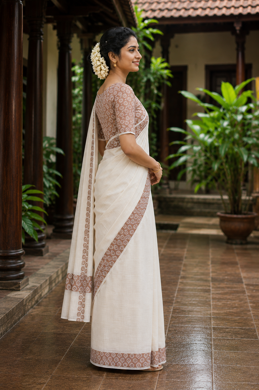 Pure Cotton Single Set Mundu (Mundu Neriyathum) with Pastel Color Print