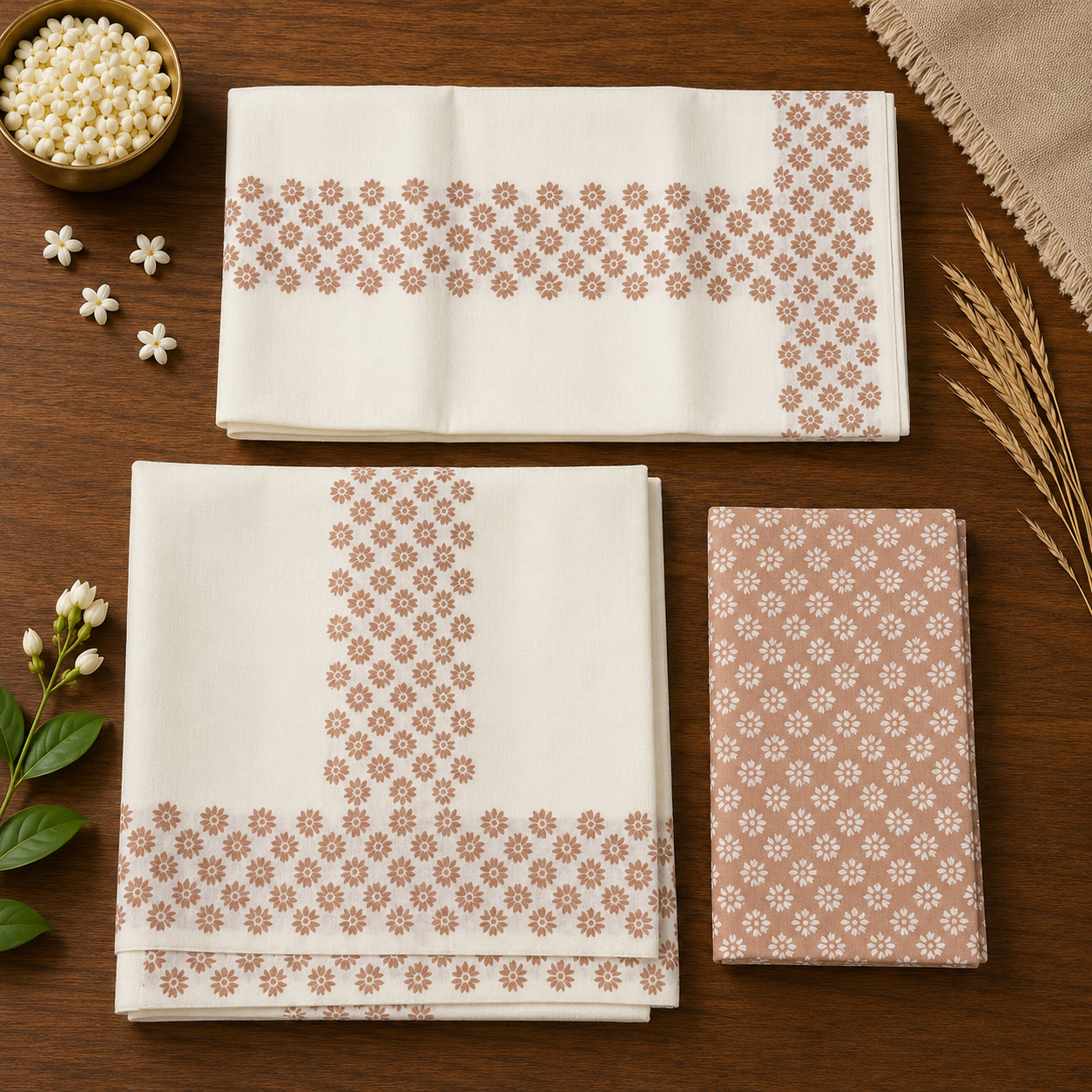 Pure Cotton Single Set Mundu (Mundu Neriyathum) with Pastel Color Print