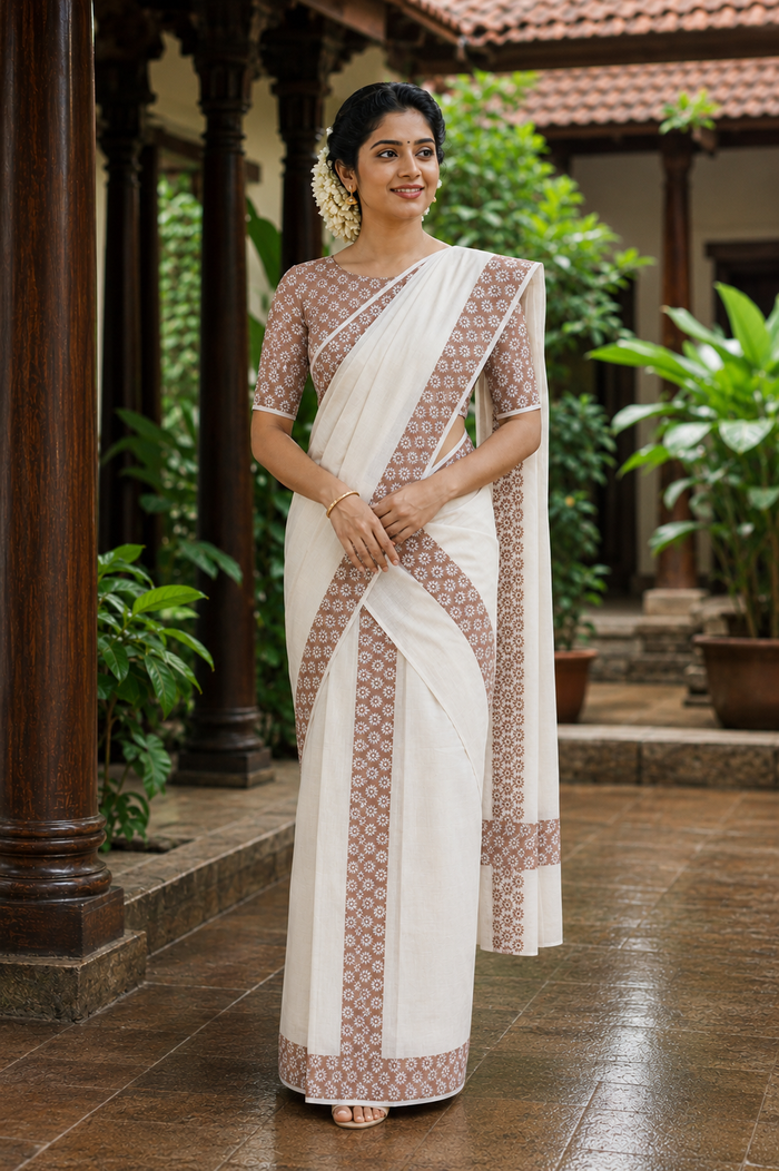 Pure Cotton Single Set Mundu (Mundu Neriyathum) with Pastel Color Print - SMPKL005