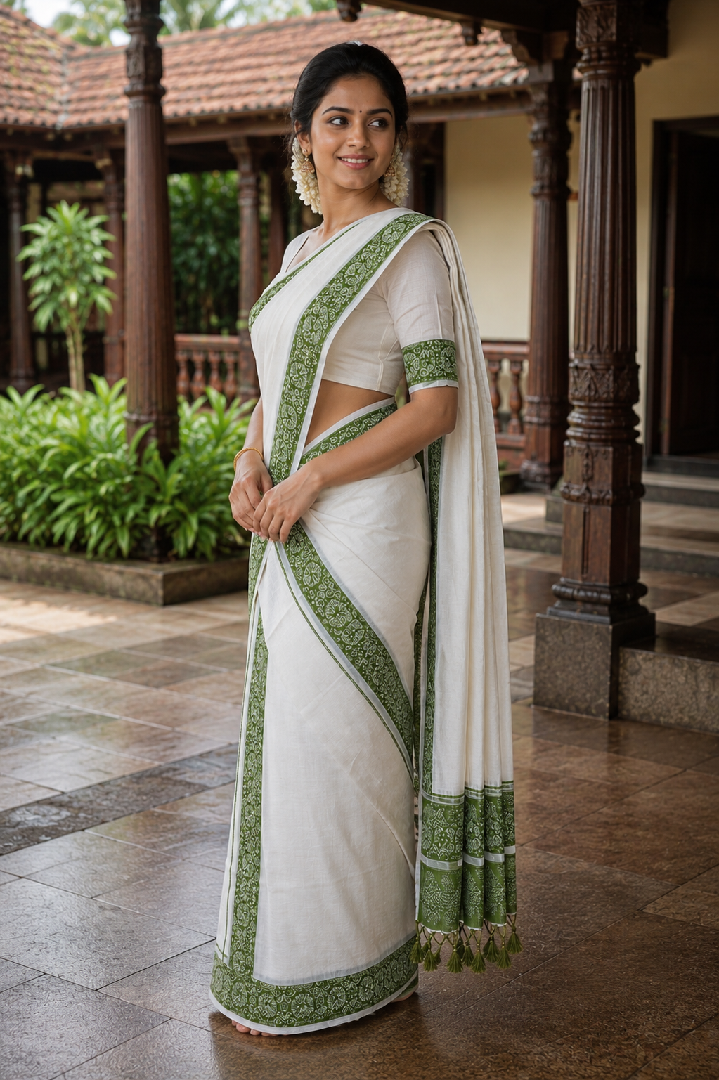 Pure Cotton Single Set Mundu (Mundu Neriyathum) with Peacock Print