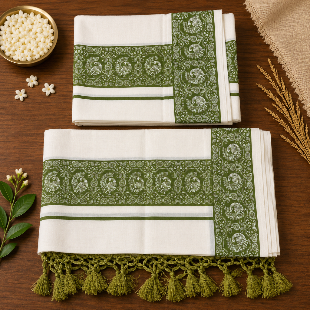 Pure Cotton Single Set Mundu (Mundu Neriyathum) with Peacock Print