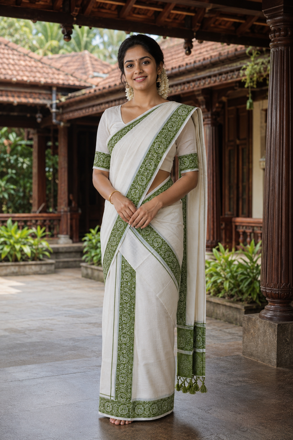 Pure Cotton Single Set Mundu (Mundu Neriyathum) with Peacock Print