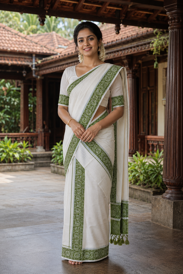 Pure Cotton Single Set Mundu (Mundu Neriyathum) with Peacock Print - SMPKL006