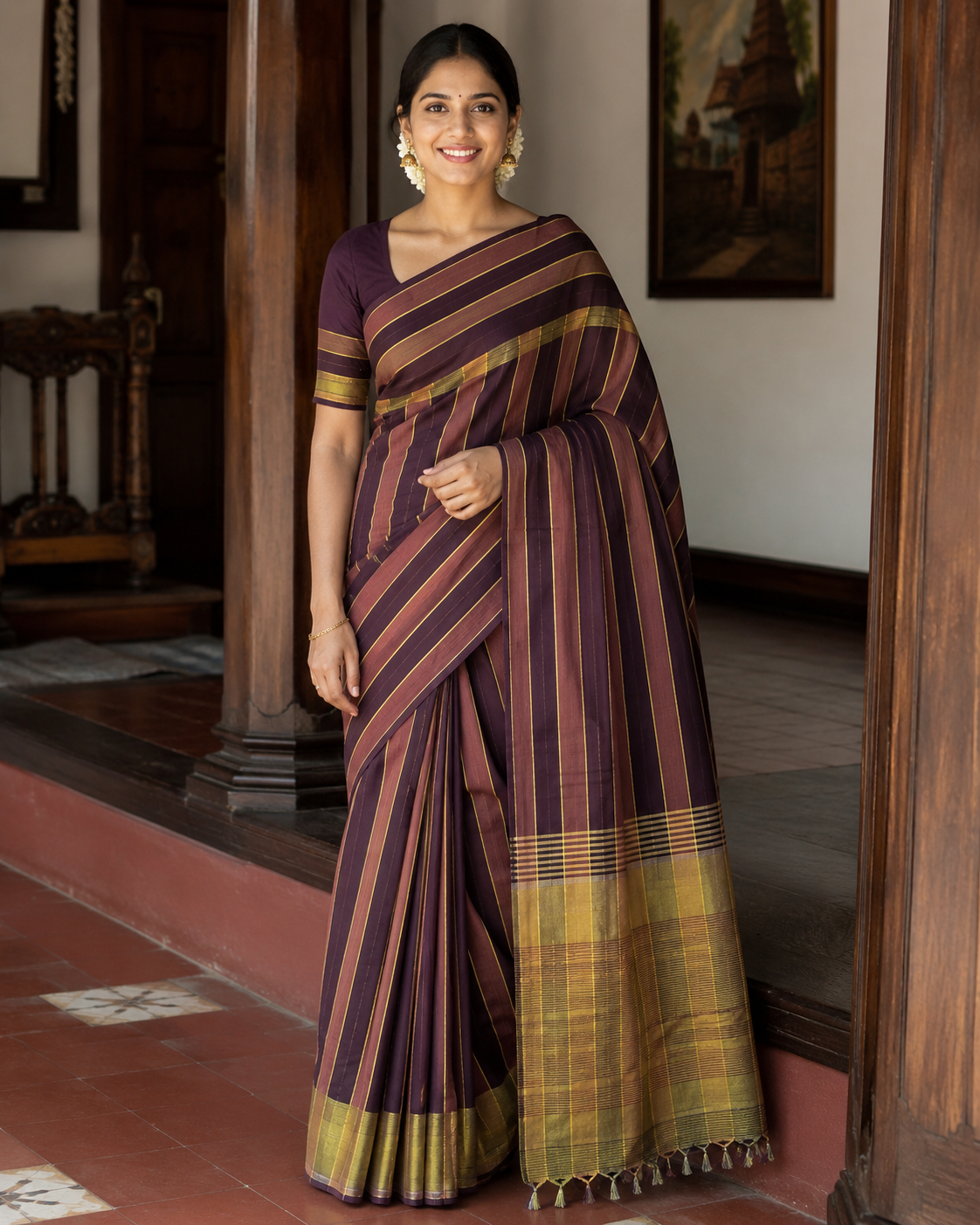 Pure Handloom Saree with Coffee Brown and Kasavu Stripes