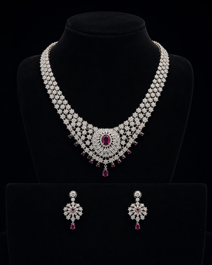 Royal Ruby Diamond Floral Necklace & Earring Set